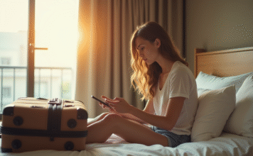 Jeune femme assise seule sur le lit d'hôtel pensant