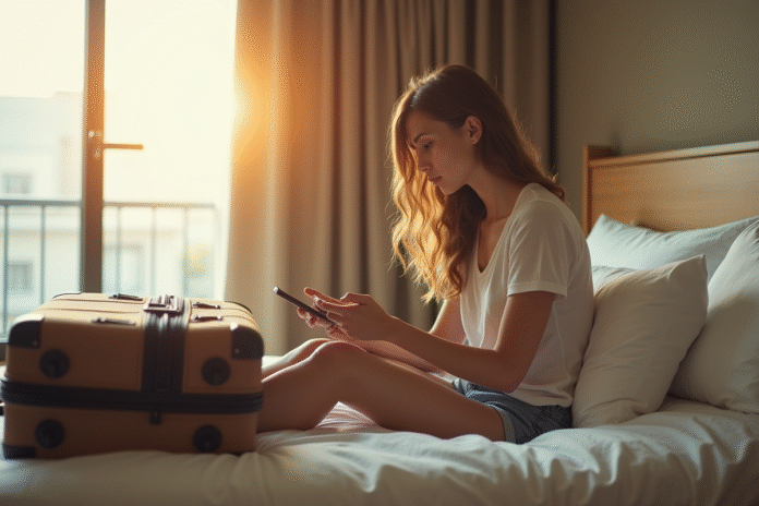 Jeune femme assise seule sur le lit d'hôtel pensant