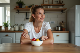 Femme en cuisine avec fruits frais et ambiance chaleureuse