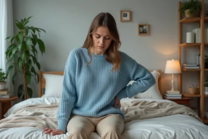Femme assise sur le lit dans une chambre chaleureuse