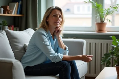 Femme d'âge moyen assise sur un canapé moderne