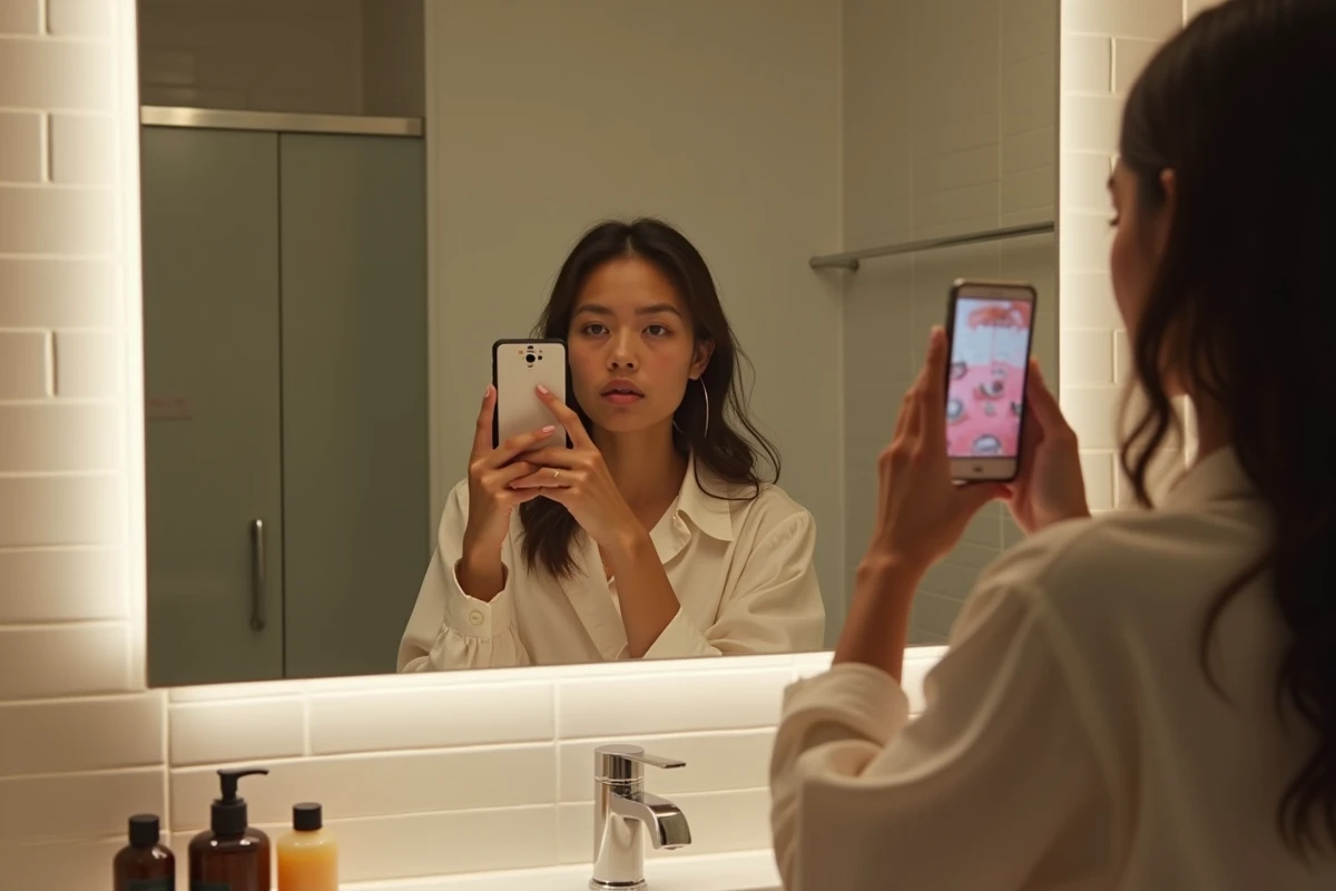 Femme se photographiant dans un miroir de salle de bain révélant une identité construite pour les réseaux sociaux