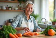 Femme senior souriante dans une cuisine lumineuse avec aliments riches en vitamines