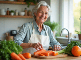 Femme senior souriante dans une cuisine lumineuse avec aliments riches en vitamines