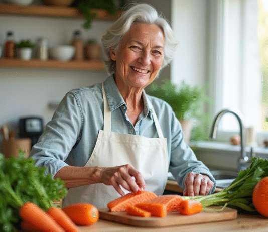 Aliments riches en vitamine A : comment ils boostent la santé des seniors Femme senior souriante dans une cuisine lumineuse avec aliments riches en vitamines