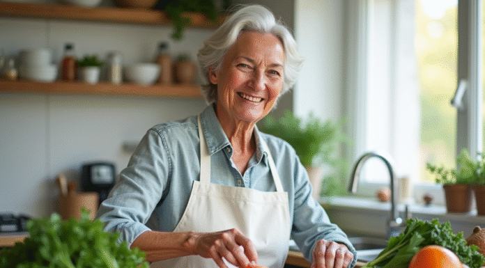 Aliments riches en vitamine A : comment ils boostent la santé des seniors Femme senior souriante dans une cuisine lumineuse avec aliments riches en vitamines