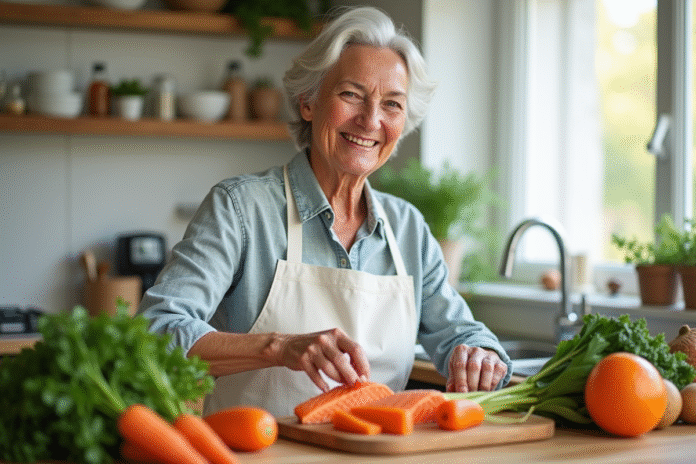 Femme senior souriante dans une cuisine lumineuse avec aliments riches en vitamines