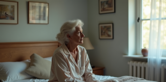 Sommeil et vieillissement : pourquoi dort-on moins bien en vieillissant ? Femme senior assise sur le lit contemplant la fenêtre