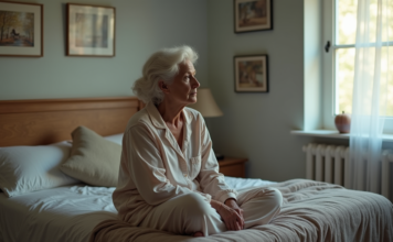 Sommeil et vieillissement : pourquoi dort-on moins bien en vieillissant ? Femme senior assise sur le lit contemplant la fenêtre