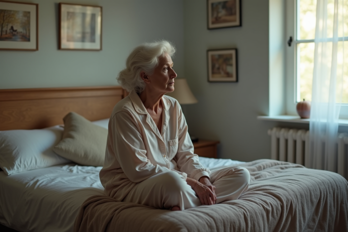 femme-senior-reveil-chambre Femme senior assise sur le lit contemplant la fenêtre