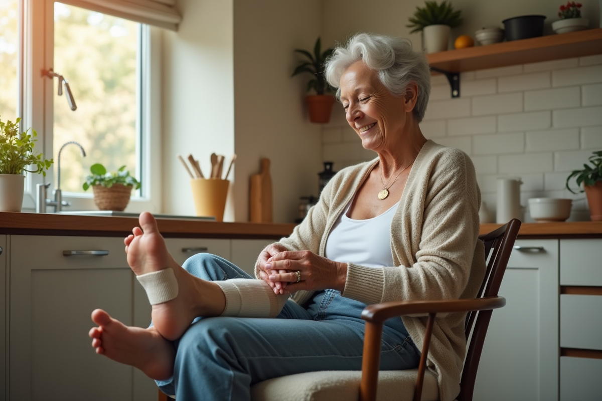 Femme senior dans la cuisine inspectant son pied bandage sous la lumière du matin