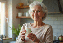 Femme senior souriante tenant du lait de soja et capsules K2 dans la cuisine