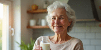 Femme senior souriante tenant du lait de soja et capsules K2 dans la cuisine