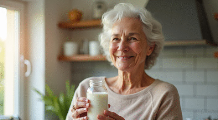 Vitamine K2 et santé osseuse : que doivent savoir les seniors ? Femme senior souriante tenant du lait de soja et capsules K2 dans la cuisine