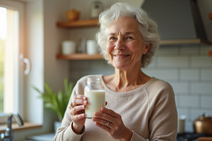 Femme senior souriante tenant du lait de soja et capsules K2 dans la cuisine