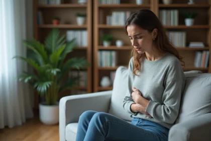 Femme en réflexion dans un salon moderne et apaisant