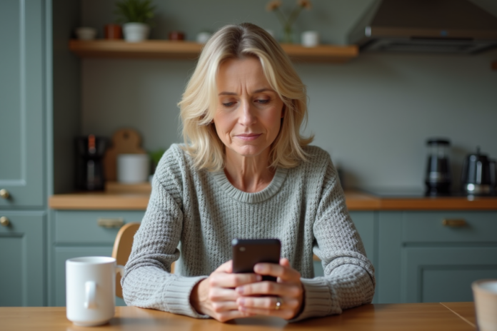 femme-smartphone-kitchen Femme d'âge moyen dans une cuisine moderne utilisant son smartphone