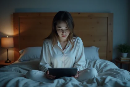 Femme fatiguée utilisant un simulateur de sommeil sur tablette