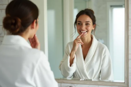 Femme examinant son sourire dans un miroir de salle de bain pour évaluer les résultats d'un blanchiment dentaire The Smilist