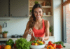 Femme souriante en sport préparant une salade dans une cuisine lumineuse