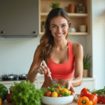 Femme souriante en sport préparant une salade dans une cuisine lumineuse