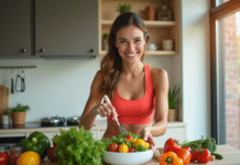 Femme souriante en sport préparant une salade dans une cuisine lumineuse