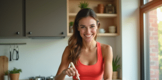 Femme souriante en sport préparant une salade dans une cuisine lumineuse
