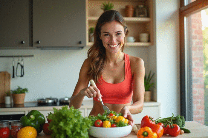 Femme souriante en sport préparant une salade dans une cuisine lumineuse
