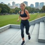 Perdre du poids : escaliers, un exercice efficace pour maigrir Femme sportive montant un escalier en ville en plein air