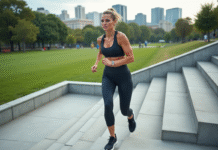 Femme sportive montant un escalier en ville en plein air
