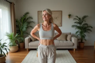 Femme souriante en activewear se stretchant chez elle