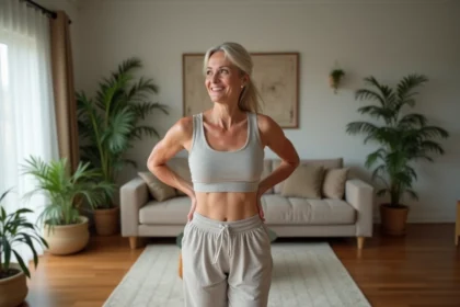 Femme souriante en activewear se stretchant chez elle