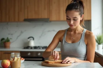 Femme préparant une tartine de beurre de cacahuète naturel sur pain complet dans une cuisine moderne