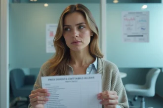 Femme réfléchie tenant un résultat médical dans un cabinet