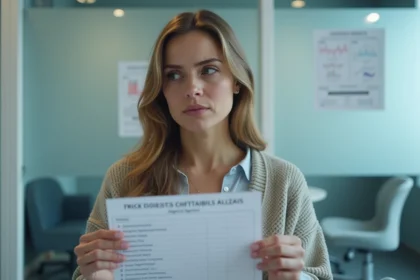 Femme réfléchie tenant un résultat médical dans un cabinet