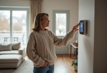 Femme vérifiant un thermostat digital dans un salon moderne