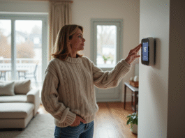 Température idéale pour une maison : 18 degrés suffisants ? Femme vérifiant un thermostat digital dans un salon moderne