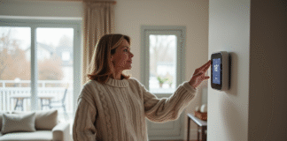 Femme vérifiant un thermostat digital dans un salon moderne