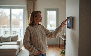Température idéale pour une maison : 18 degrés suffisants ? Femme vérifiant un thermostat digital dans un salon moderne