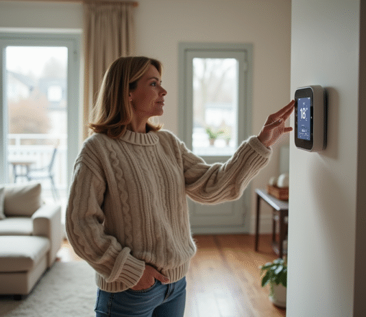 Température idéale pour une maison : 18 degrés suffisants ? Femme vérifiant un thermostat digital dans un salon moderne