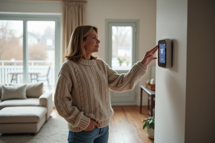 Femme vérifiant un thermostat digital dans un salon moderne