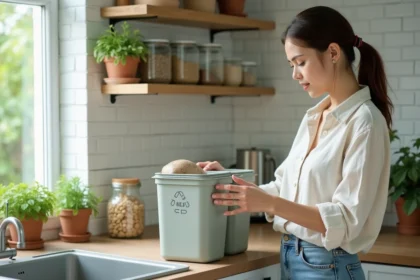 Femme triant des déchets recyclables dans une cuisine minimaliste écologique avec des bacs en bois naturel