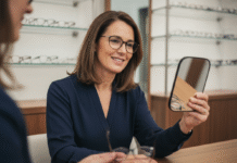 Femme souriante essayant des lunettes élégantes en boutique