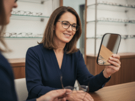 Femme souriante essayant des lunettes élégantes en boutique