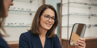 Comment choisir le bon opticien pour des lunettes sur mesure ? Femme souriante essayant des lunettes élégantes en boutique