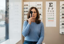 Femme lors d'un test de vision en cabinet d'optometrie