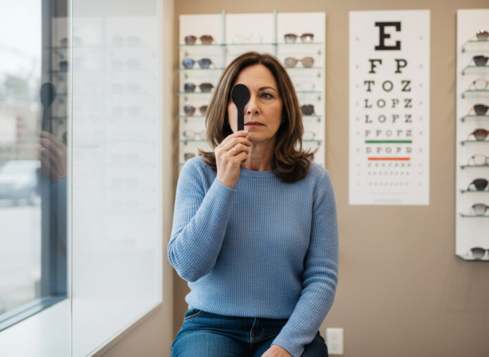Femme lors d'un test de vision en cabinet d'optometrie
