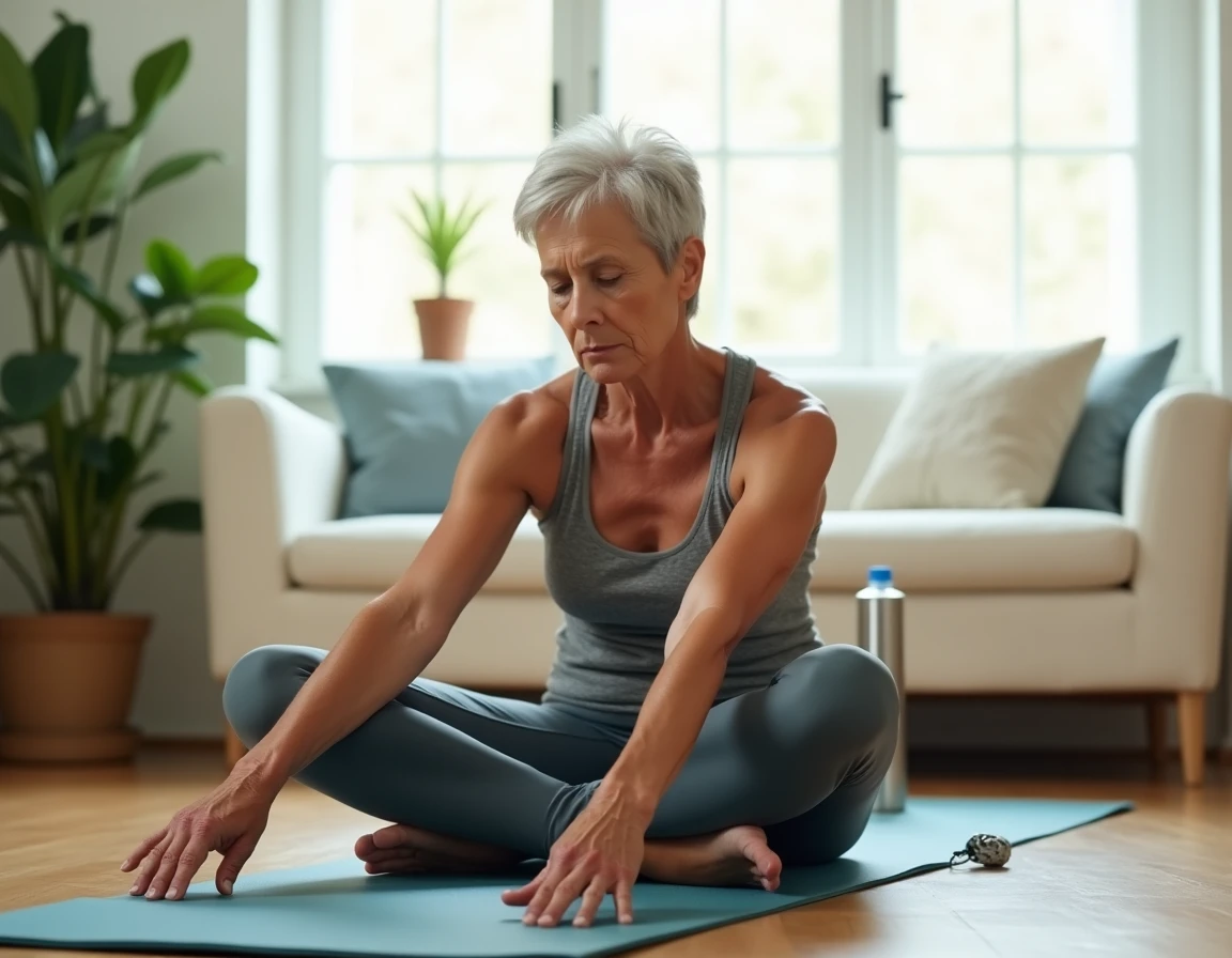 Femme en fin de quarantaine faisant du yoga chez elle, symbolisant l'activité physique comme réponse à la prise de poids liée à la ménopause