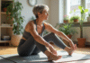 Femme d'âge moyen faisant du yoga dans un salon lumineux