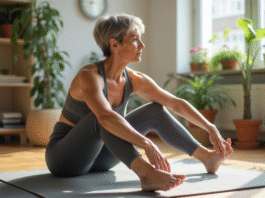 Exercices adaptés : Quels types pratiquer pour un entraînement efficace ? Femme d'âge moyen faisant du yoga dans un salon lumineux
